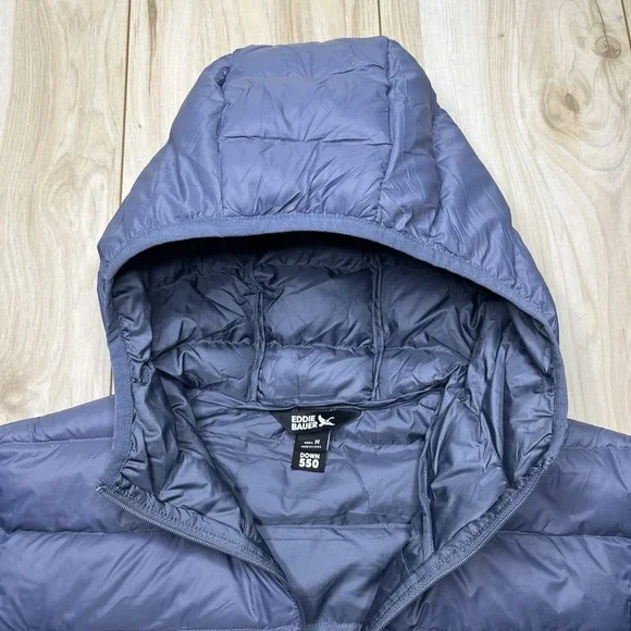 Eddie Bauer 550 Down Puffer Jacket Mens Medium Gray Hooded Lightweight Packable - Picture 4 of 14